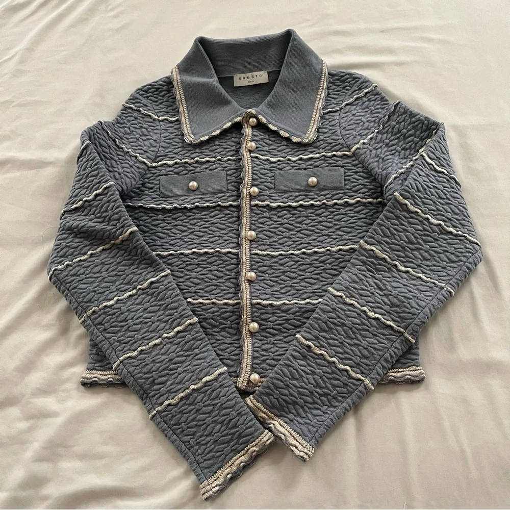 SOLD BNWT Sandro Infinity Cropped Cardigan Blue XS MSRP $295 - Picture 6 of 15